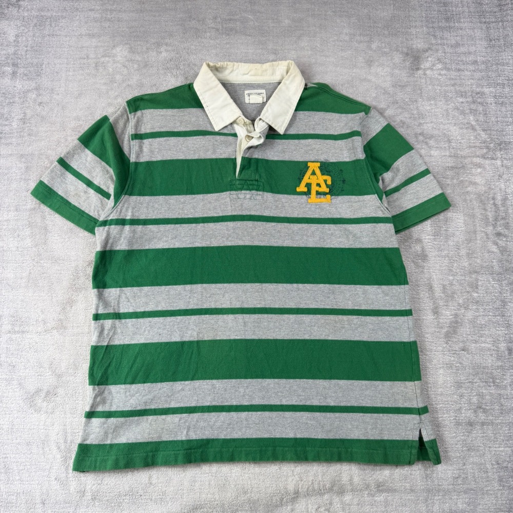 American Eagle Rugby Shirt Mens Large Green Striped Short Sleeve Rugby Y2K Polo